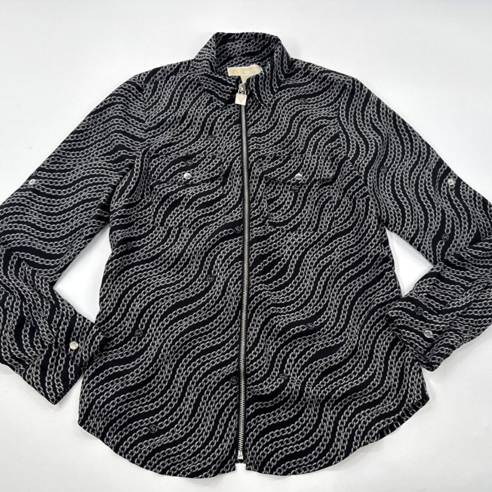MICHAEL Kors Blouse Women’s Small Full Zip Long Sleeve Black Chain Logo